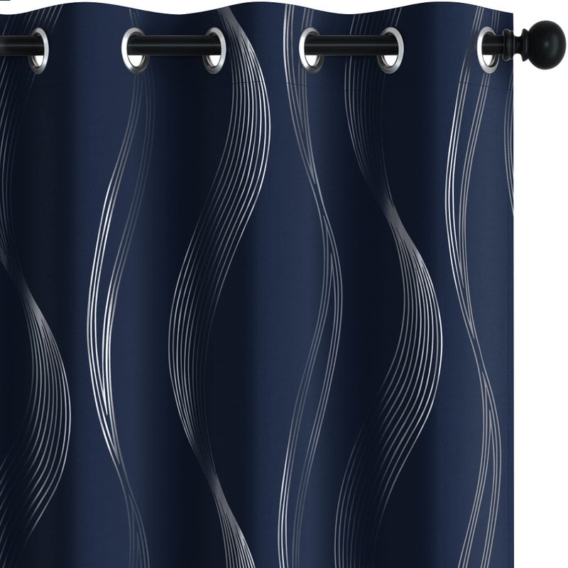 Deconovo Navy Blue Blackout Curtains 2 Panel Set for Bedroom, Thermal Insulated Grommet Room Darkening Window Drapes for Living Room, Silver Wave Foil Print, 52W x 84L Inch - Image 1